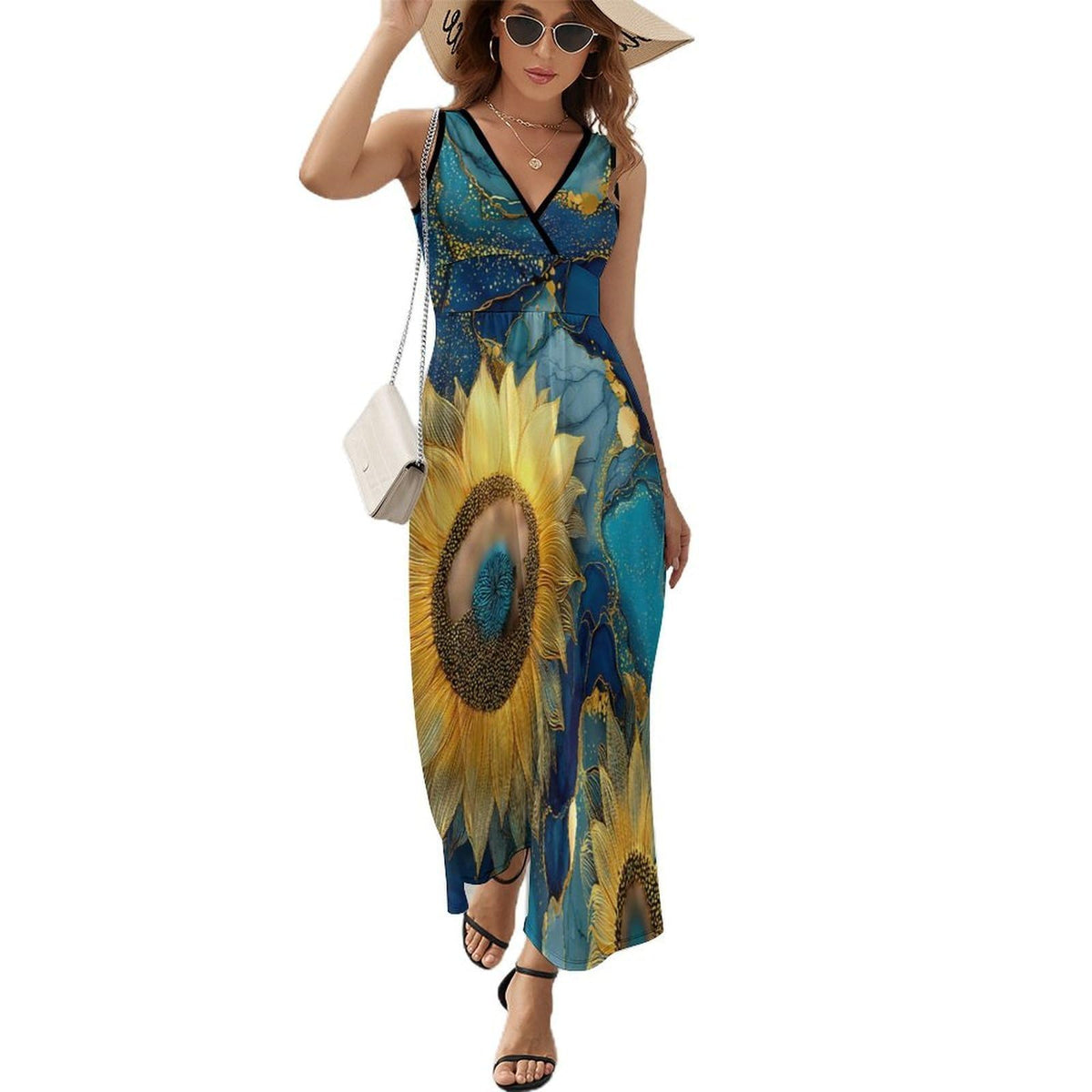 longue sans manches à motif tournesol marbré bleu aquarelle pour femme