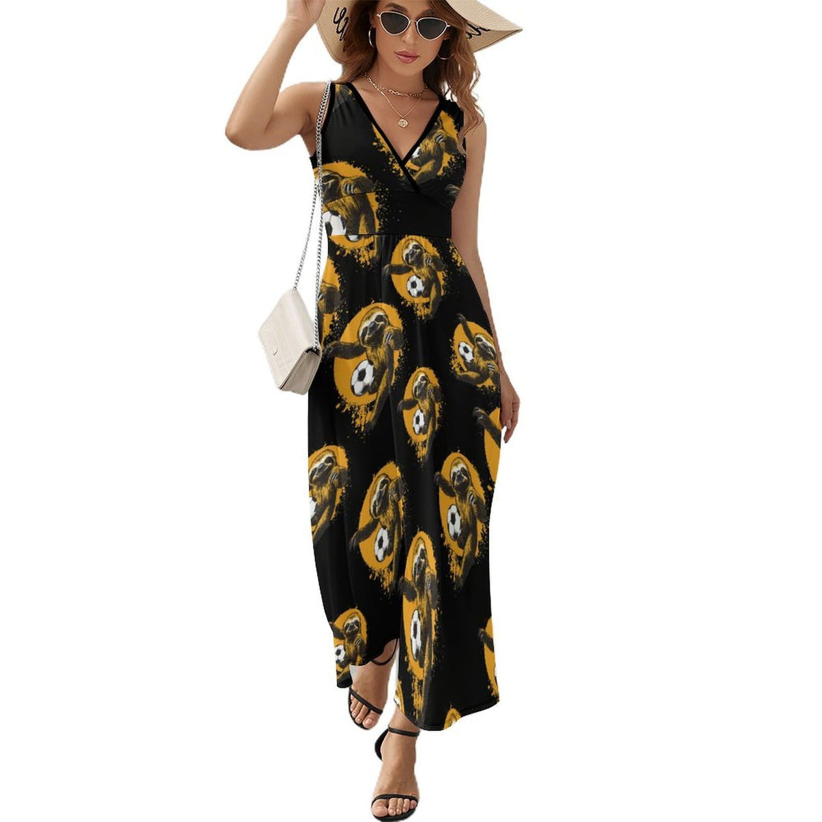 longue maxi femme à motif paresseux et joueuse de foot, sans manches, col en V, style décontracté, idéale pour la plage.