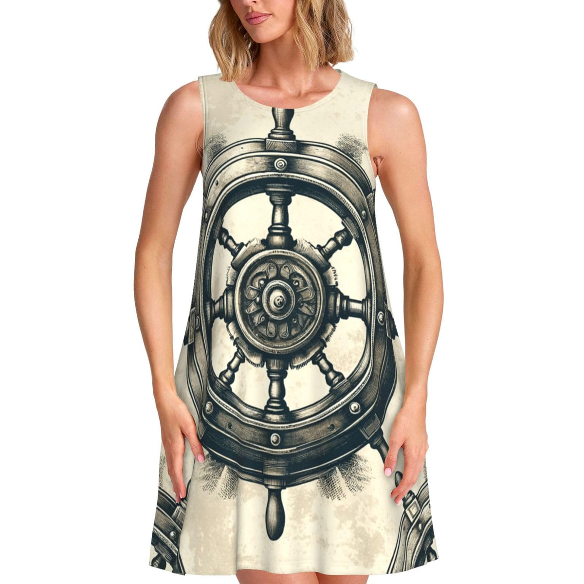 sans manches vintage Ship-Wheel pour femme, avec 2 poches latérales, coupe trapèze.